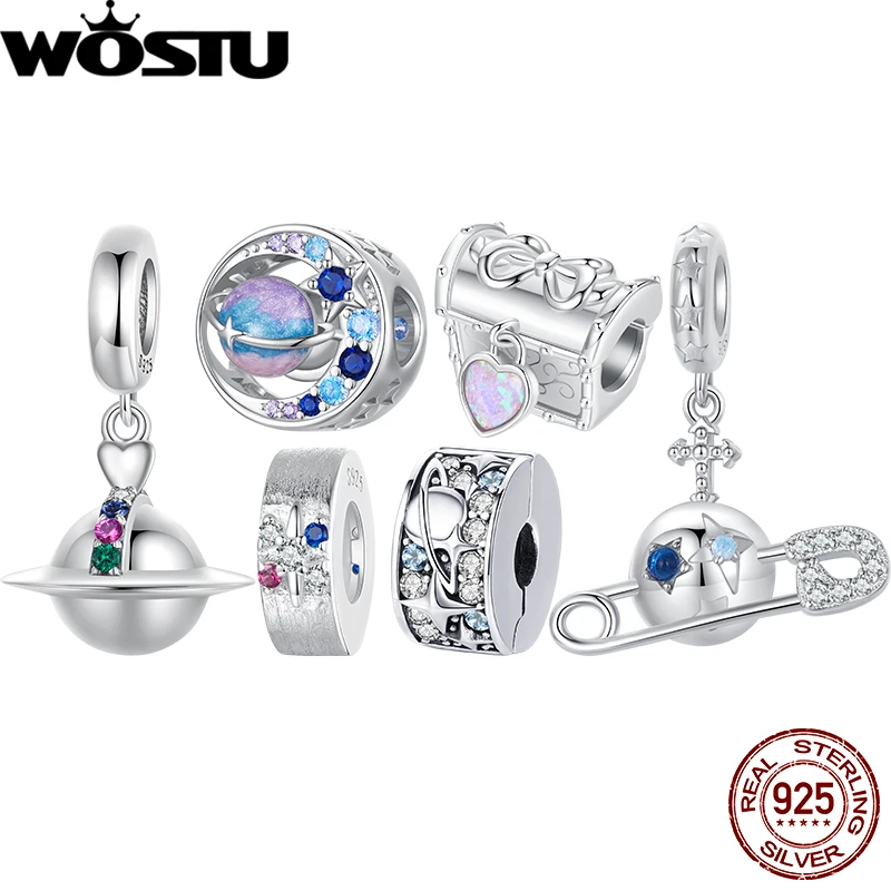

WOSTU 925 Sterling Silver Space Planet Pendant Starry Stopper Beads Fit Original Bracelet for Women DIY Gift