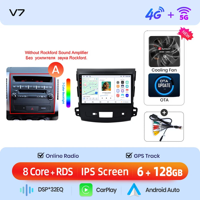 Junsun draadloze CarPlay Android Auto autoradio voor Mitsubishi Outlander Mk2 / Citroen C-Crosser 2005-2012 met ingebouwde koelventilator, Android GPS navigatie, multimediaspeler, WiFi, DSP, RDS, BT,