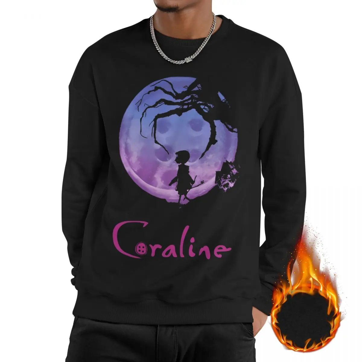 

Men Fleece Lined Sweatshirts Coralines Moon Cartoons Merch Sweatshirt Horror Movie Pullover Long Sleeve Shirt Hoodies