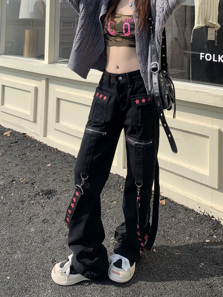 2023 Dark Streetwear Star Print Strap Black Baggy Y2K Jeans Pants