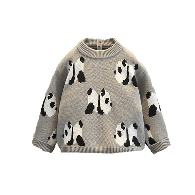 Korean Cute Child Panda Sweaters With Cartoon Prints Knitwear Boys Gray Color Panda Costume Kids Knit Clothes Age 2 3 5 7 9 11 Y