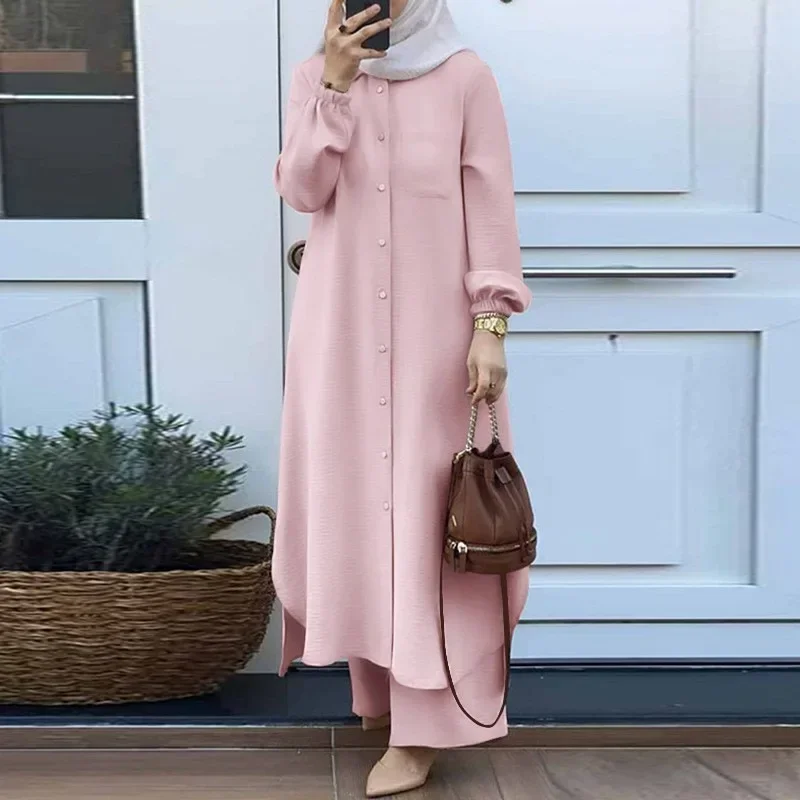 Elegantie lang mouwen lang shirt en broek moslimjurk Arabië Dubai Abaya moslimset losse vrouwen Abaya Marokko feestjurk