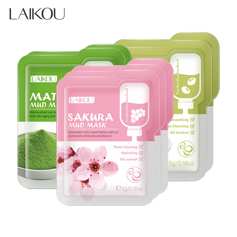 

LAIKOU 7pcs Mud Face Mask Mung Bean Matcha Cherry Blossoms Moisturizing Oil Control Firming Facial Mask Beauty Skin Care