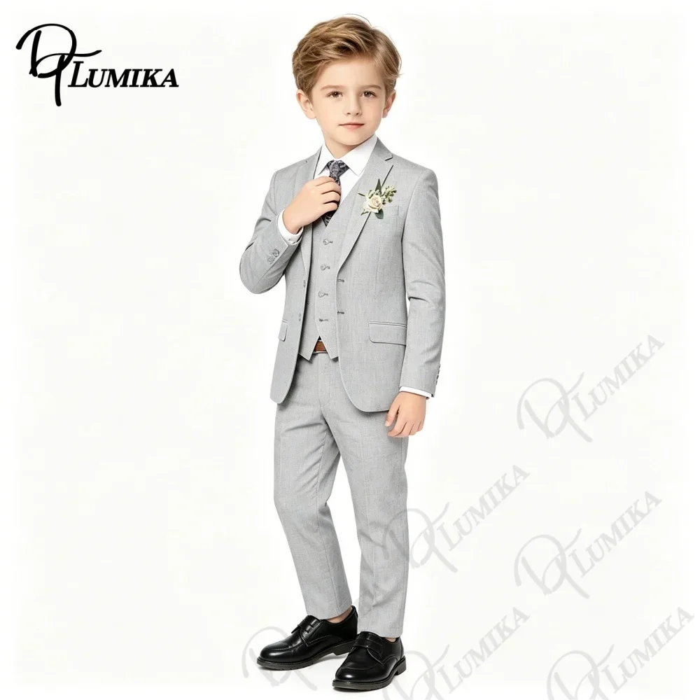 Elegant Boys Grey Linen Suit Set 4 Piece Floral Tie Kids 2026 Premium Formal Outfit for Wedding Birthday Graduation Party 3-13Y
