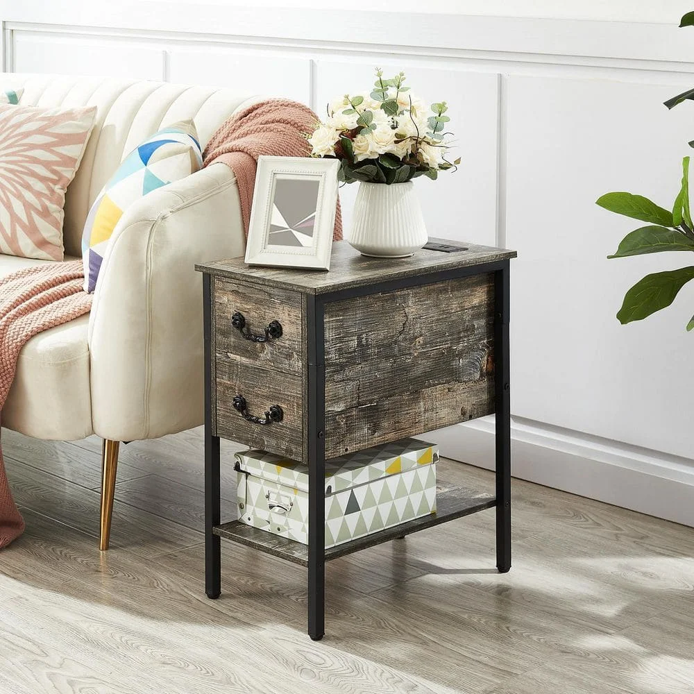 

End Table, Narrow Chairside Table with 2 Drawers and Open Shelf, Nightstand with Charging Station USB Ports，Gray-USB