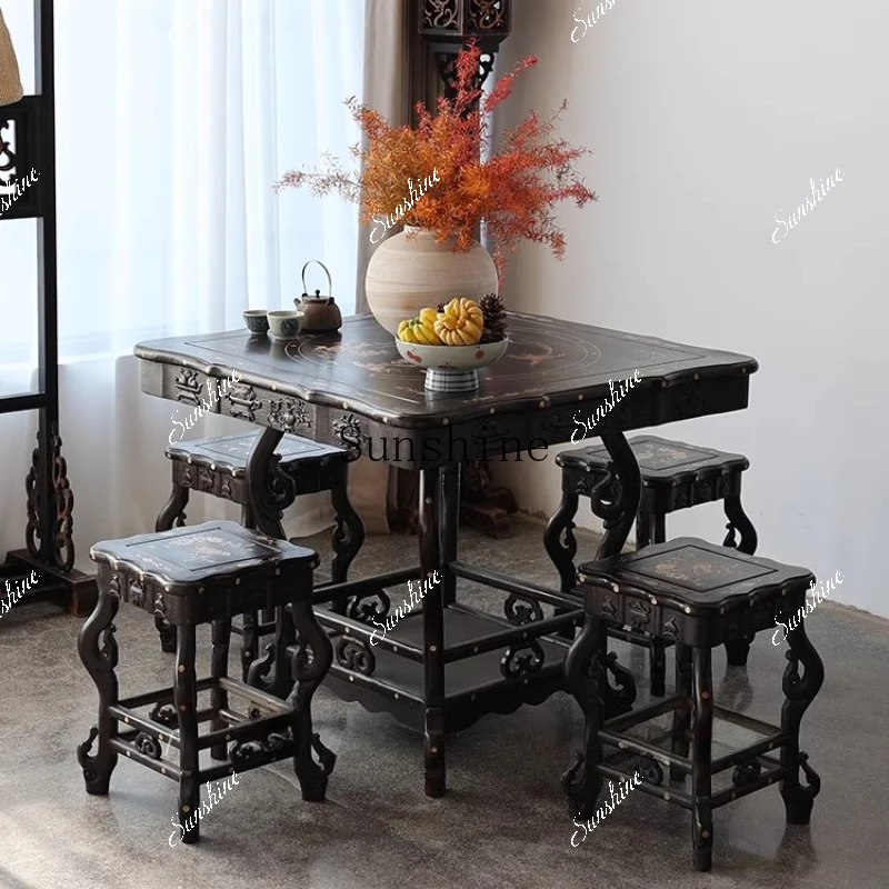 Ebony inlaid shell solid wood dining table combination balcony simple tea table  FT