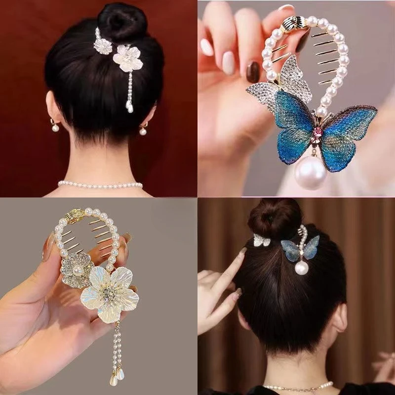 Blue Butterfly Pearl Ponytail Holder Elegant High Ponytail Hair Claw Clamp Women Girls Vintage Elegant Hairpins Ponytail Buckle