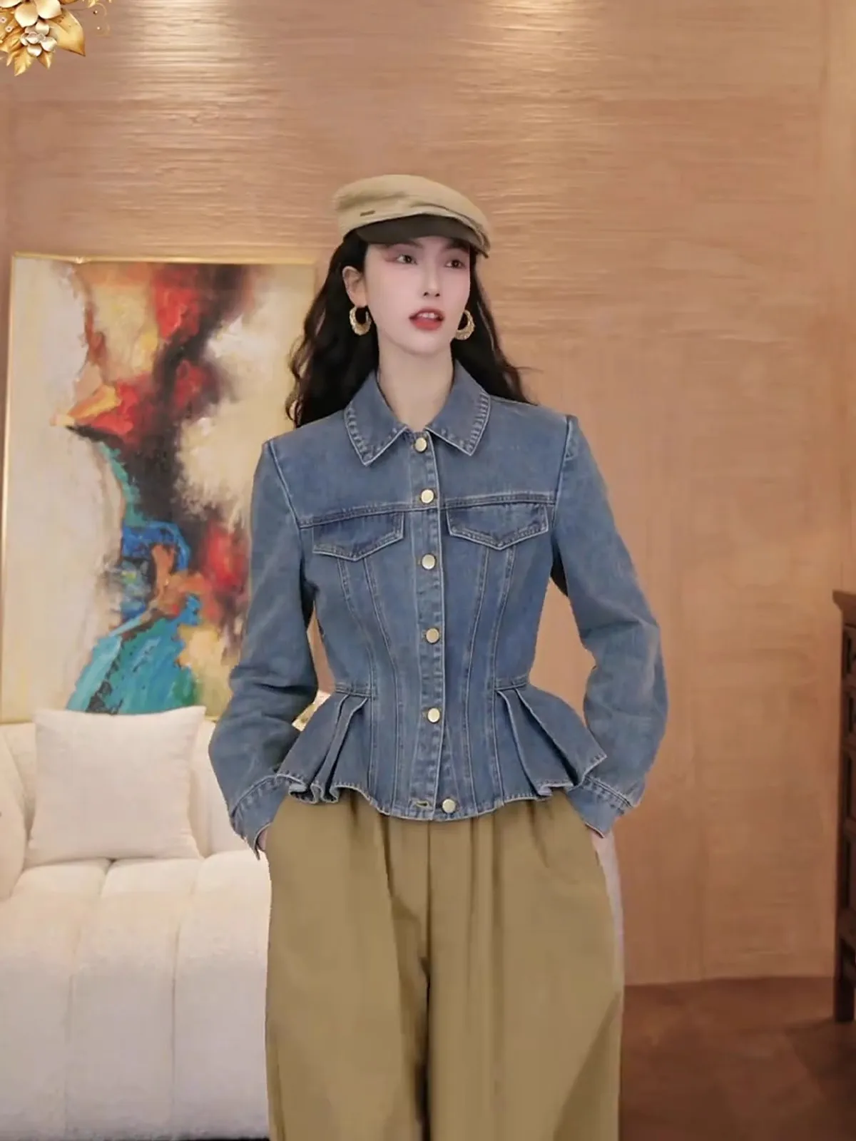 

Blue Lace Trim irt Denim Jaet Women's Spring New Sle Agel Top Luxury Sensation Slimming Design Casual Faion