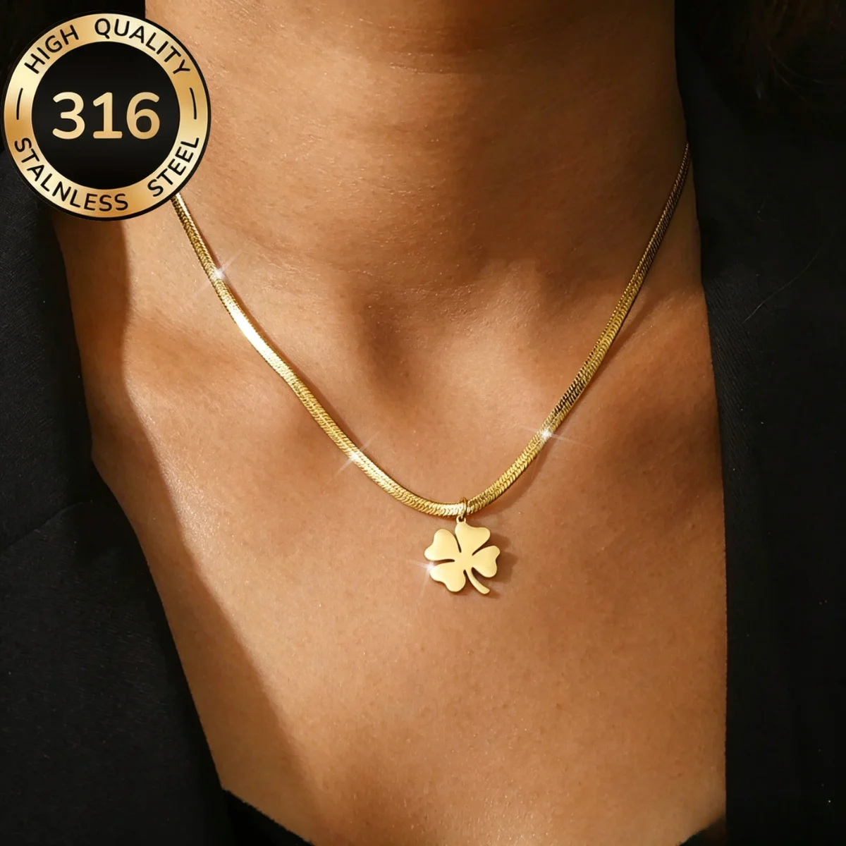 Four Leaf Clover Women Pendant Necklace Stainless Steel Gold Color 3mm Blade Chain Choker for Women Girls Fashion Jewelry Gifts