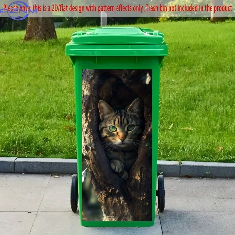 of Trash Can Sticker Measuring 37×82 Cm Featuring a Vibrant Tree Hollow Cat Peeking Design, Self-Adhesive Wallpaper for Decora
