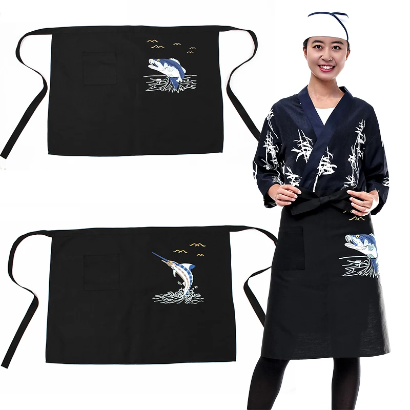 Japanese Style Cuisine Apron Sushi Restaurant Kitchen Waiter Apron Chef Overalls Sushi Uniform Half Waist Embroidered Apron