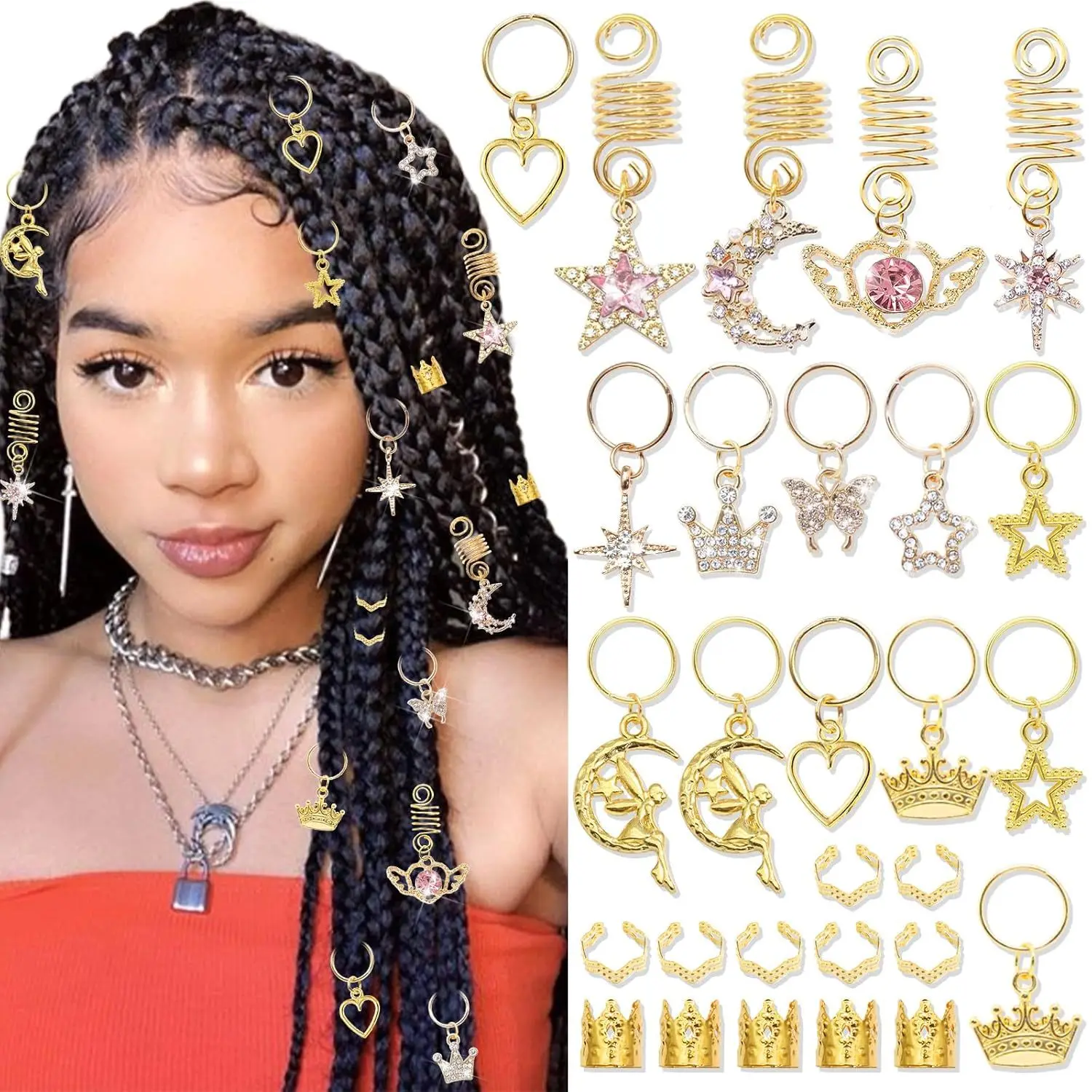 36pcs/bag Sparkly Pink Diamond Moon Pendant Hair Ring Set - Fashion Hair Accessories