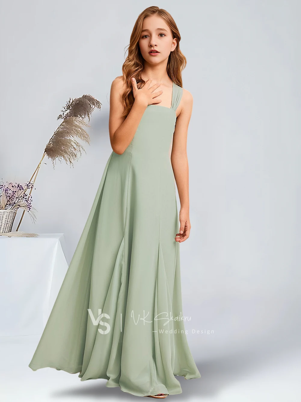 Elegante linha a quadrado até o chão chiffon júnior vestido de dama de honra celadon linda flor vestidos da menina festa de casamento criança dança