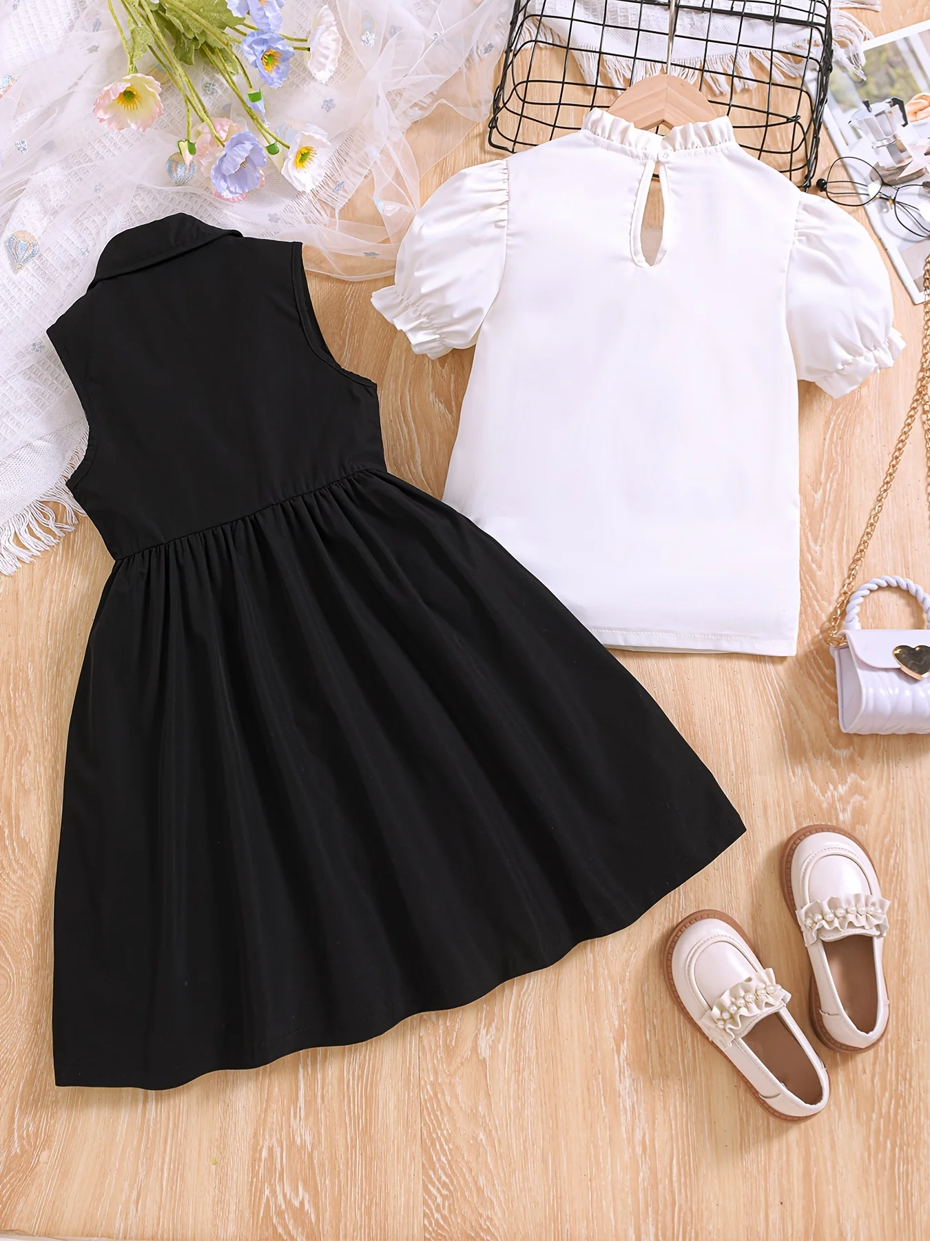 Girls' Spring & Summer Two-Piece Set: White Top with Bow Decor + Black Buttoned Collared Long Skirt