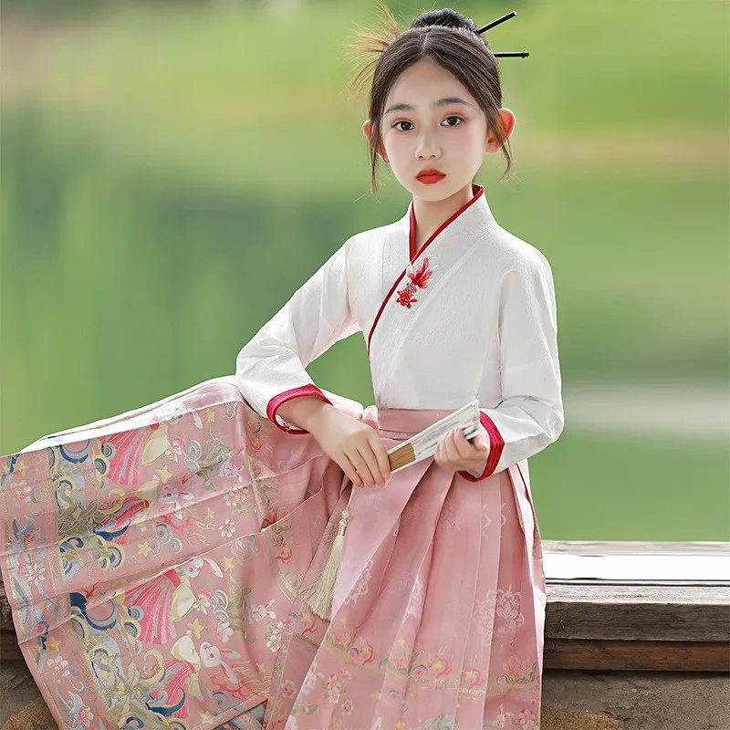 Cina kuno gadis Horse-face rok gaun Hanfu anak-anak tradisional melakukan gaun seni bela diri Cosplay kostum seragam siswa