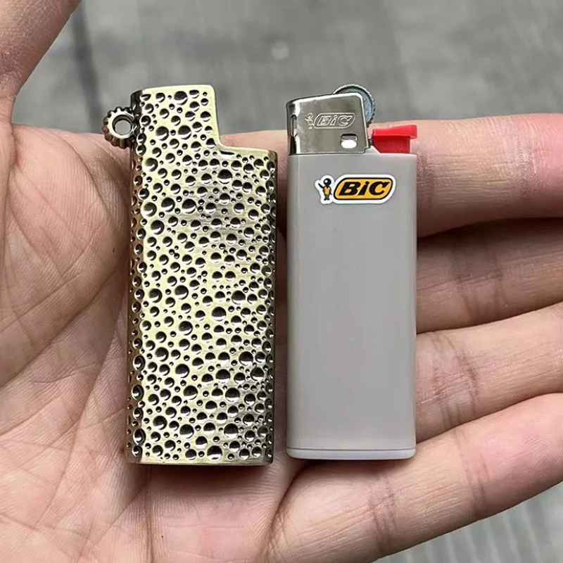 Fashion Metal Crater Lighter Case Cover Sleeve Hold For BIC Mini Size Lighter With Ring