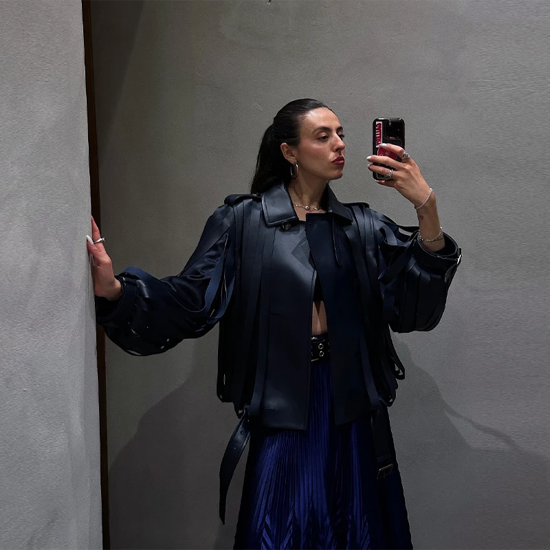 Chaqueta elegante de piel sintética para mujer, abrigo de gran tamaño de manga larga con solapa y cinturones, prendas de vestir a la moda para otoño e invierno 2025