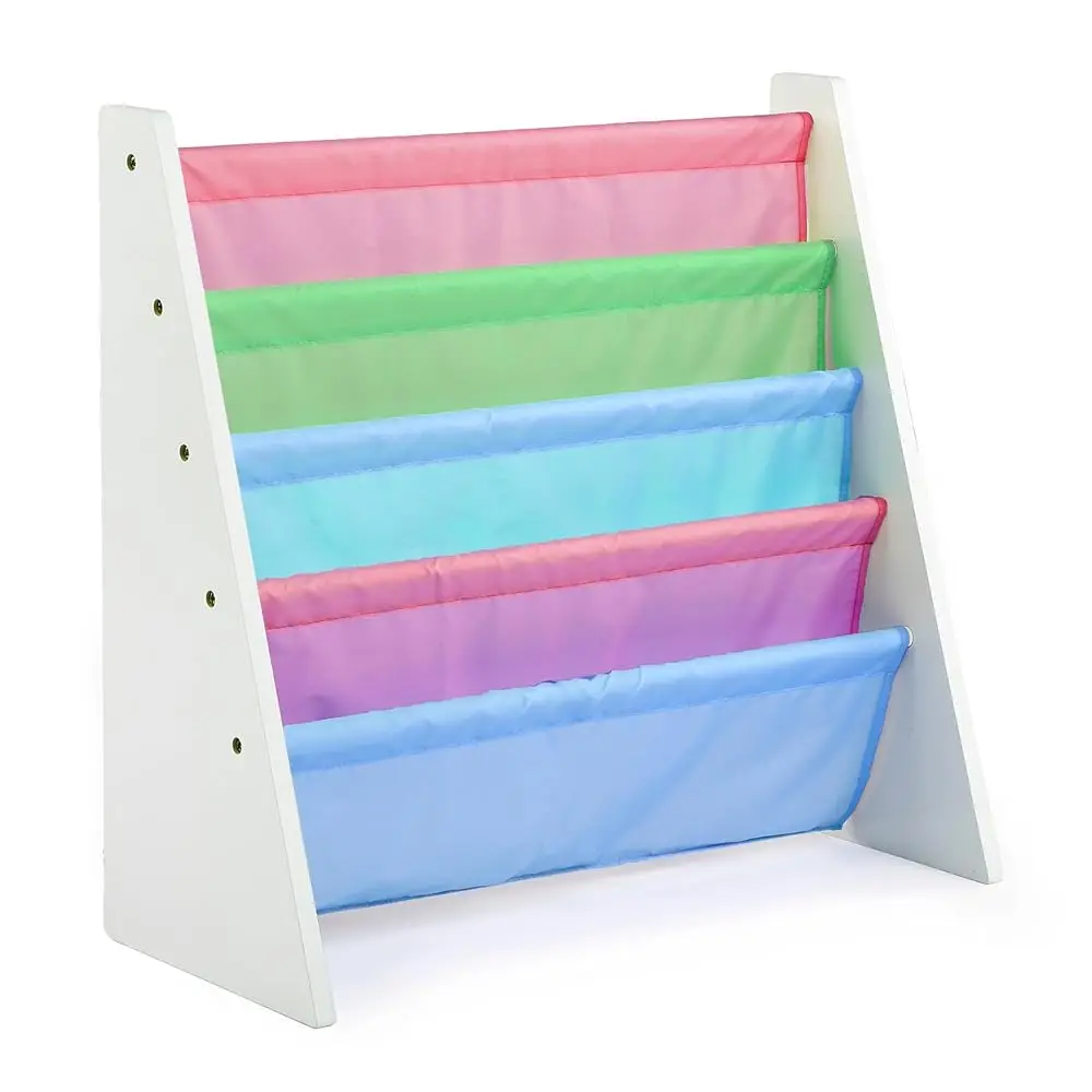 

4-Tier Kids Bookshelf, White Wood/Pastels - Premium Book Shelf For Kids Rooms With Four Deep Pockets - Toddler Sling Book Ra