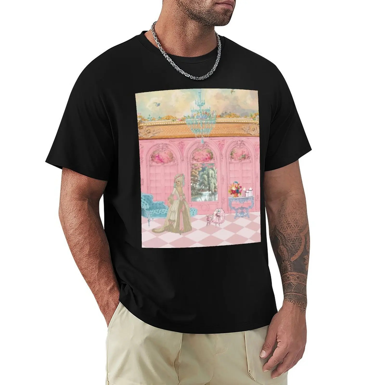 

Marie Antoinette At Chateau Versailles with Cake and Her Pink French Poodle T-Shirt Sweat Absorbing Sports Tee Shirt