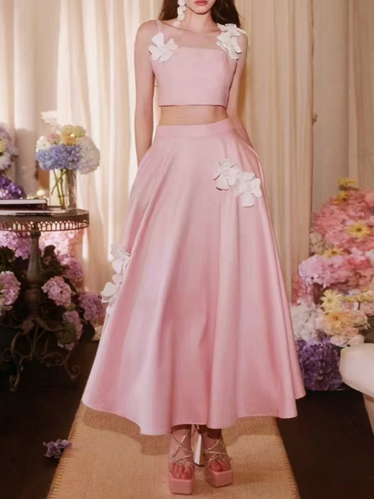 

Women Long Flowers Skirt Two Piece Sets Sexy Pink Sleeveless Square Collar Short Top + High Waist A-line Skirt Suit Evening Part
