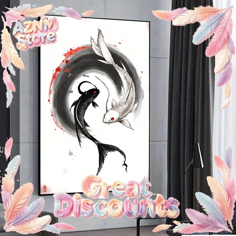 2026 Yin Yang Fish Canvas Painting- Black Ink Wash Koi Fish with Red Accents, Unframed Asian-Inspired Wall Decor for, 
