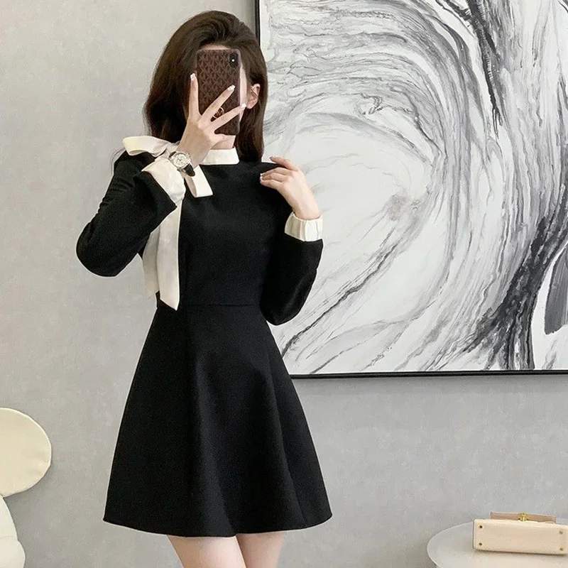 2024 Hot Sale Women Chic Elegant Formal Occasion Mid-Length Dress Autumn Lady Korean Style Designer Bowknots Long Sleeves Dress