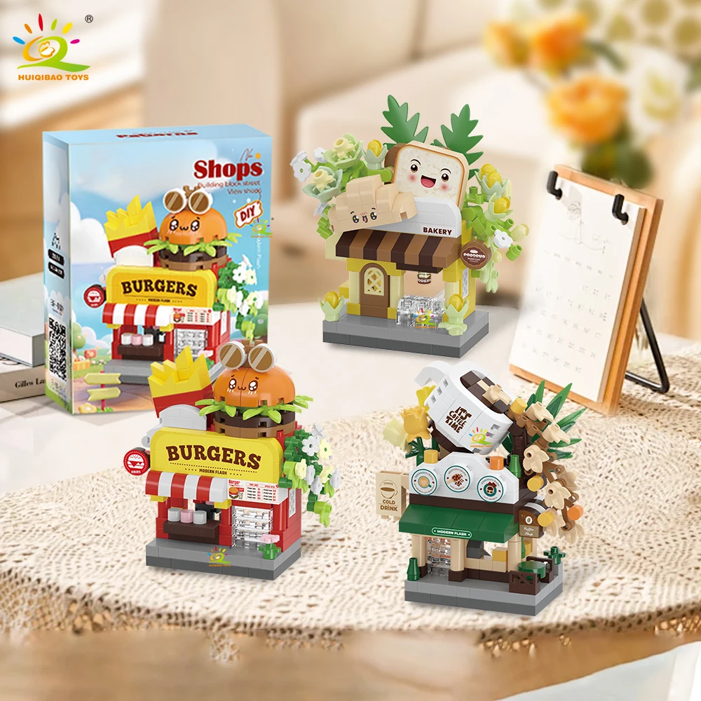 ตัวต่อไมโครบล็อก HUIQIBAO รุ่นร้านค้าน่ารัก แบบจำลองเบอร์เกอร์ ดอกไม้ทอด ของเล่นตัวต่อขนาดเล็กสำหรับเด็ก ตกแต่งโต๊ะทำงาน