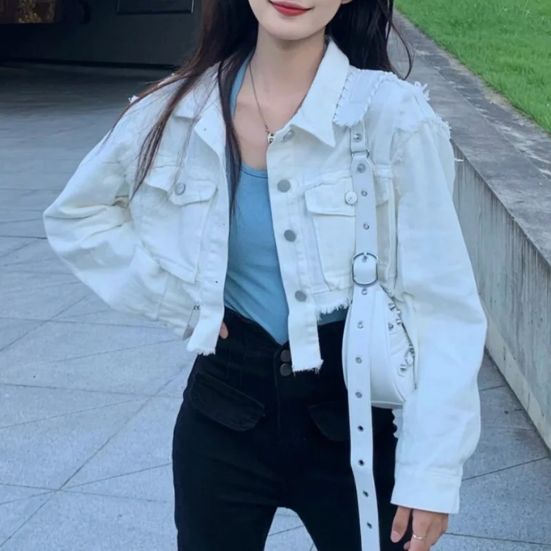 Basic Denim Jackets Women Solid Tassel Daily All-match Streetwear High Waist Hot Girls Korean Fashion Casual Crop Simple Loose
