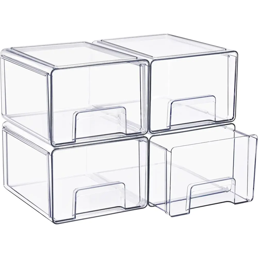 Large Clear Stackable Storage Ders 4-Pack Plastic Organizer Bins with Handles Pull-Out Ders or Bathroom Closet, Medicine, Cabine