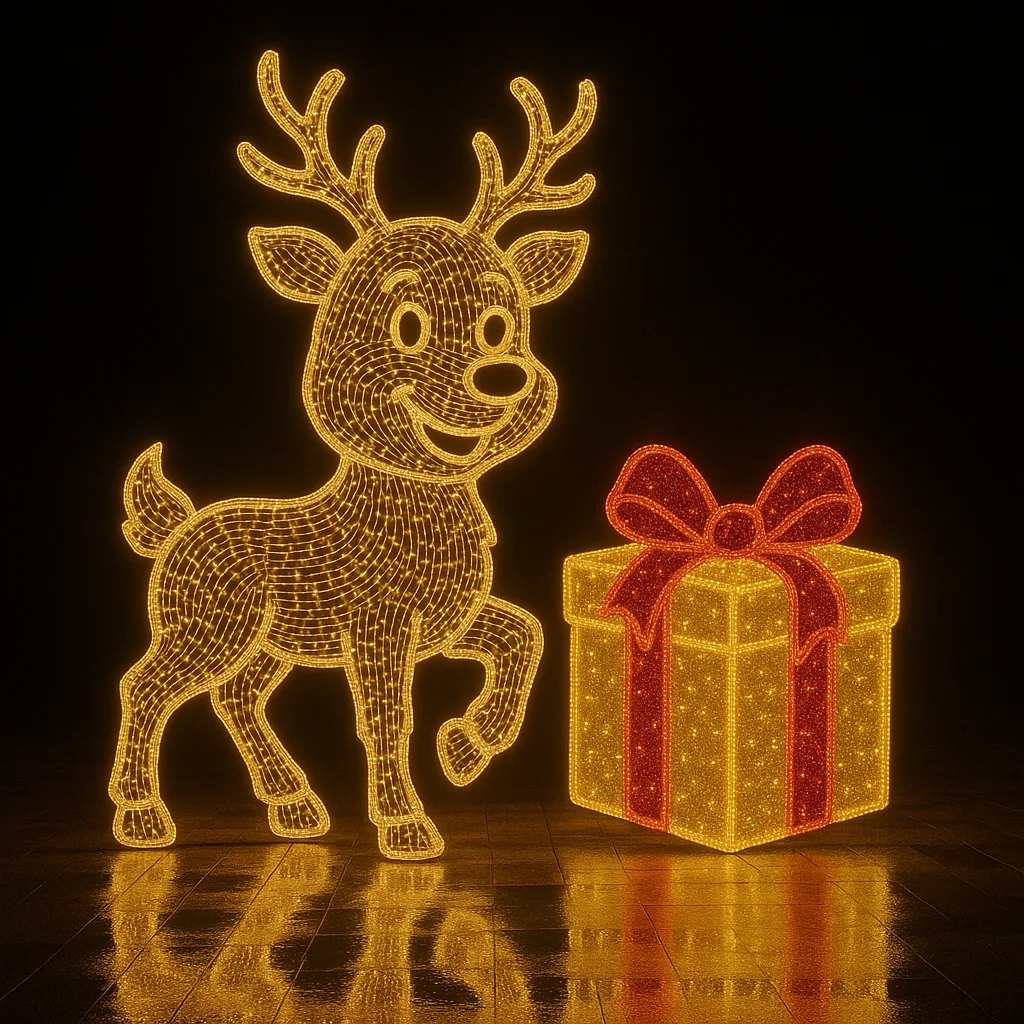 2D LED Reindeer With Gift Box Light Decoration For Christmas Outdoor Metal Frame Motif With Rope Lights