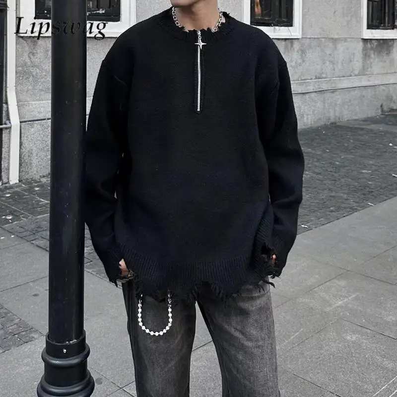 

Стильный мужской вязаный джемпер, топы, уличная одежда, весна-осень, винтажный однотонный свитер, мужские рваные вязаные свитера в стиле Y2K