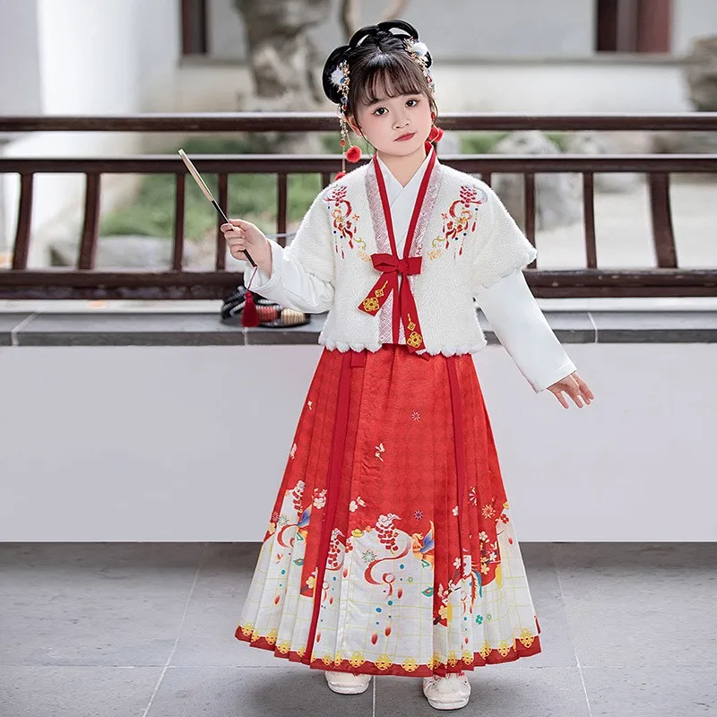 

Retro Girls Horse-face Skirt Hanfu Dress Winter New Plush Warm Tang Suit Children Thick Baby Kids 2024 Chinese New Year Clothes