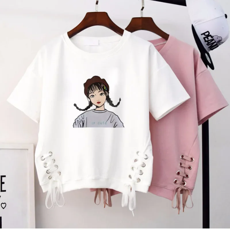 Camisetas blancas con estampado divertido para mujer, ropa Kawaii, Top de manga corta, Harajuku coreano, camisetas lindas con cordones para mujer, camiseta para mujer