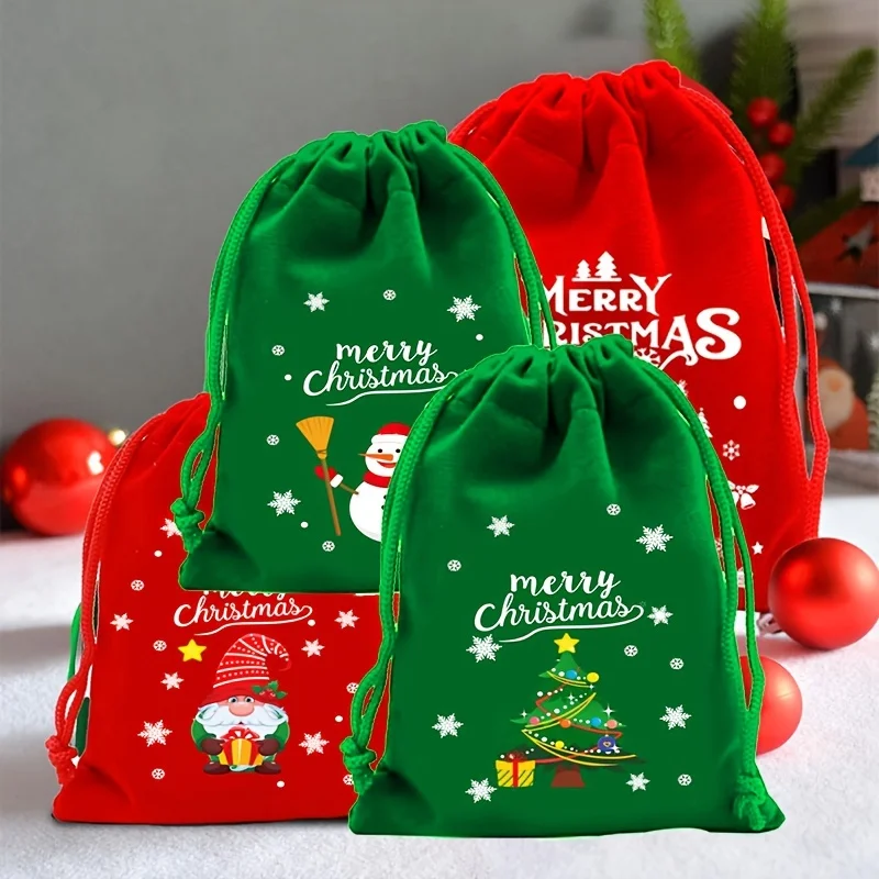 

24pcs Festive Christmas Gift Bags Red Green Flannel Drawstring Pouches Santa Tree Snowman Designs for Holiday Party Favors