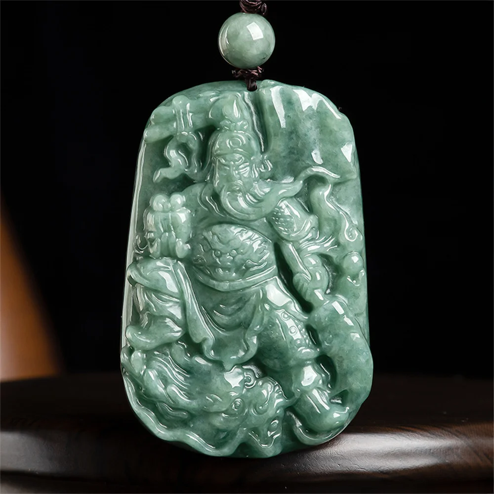 Vintage Natural Green Grade A Jadeite Carved Chinese GuanGong Lucky Pendant Amulet Necklace Certificate Trendy Jade Gift Jewelry