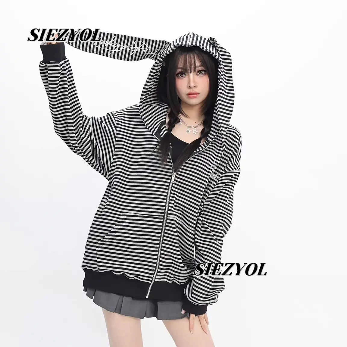 Sweet and Cool Striped Y2k Rabbit Ear Hoodie Cardigan 2026 Spring/autumn New Arrival Casual Versatile Long Sleeve Sweatshirt