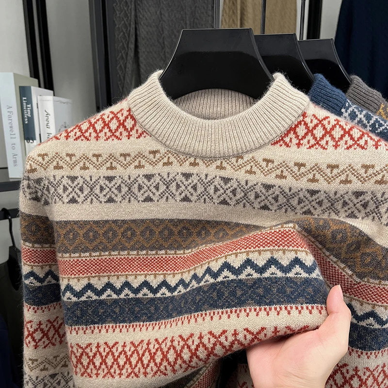 Men Crew Neck Fair Isle Sweater Vintage Geometric Pattern Knitted Pullover Long Sleeve Warm Nordic Style Autumn Winter Casual