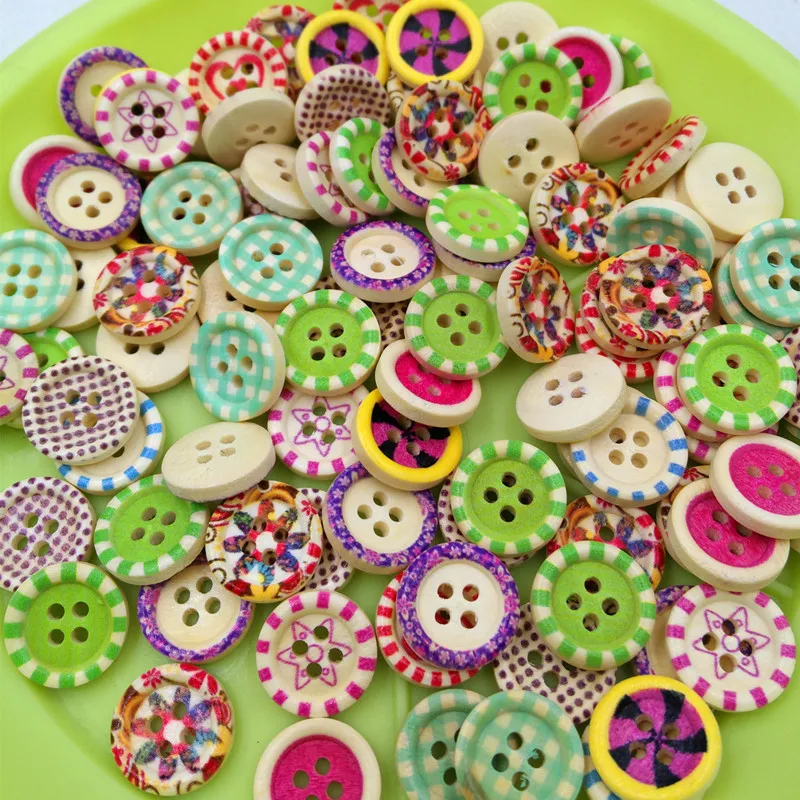 

15 мм тонкие края, нарисованные четыре глазами пуговицы с цветами и травой, аксессуары для одежды «сделай сам», декоративные детские деревянные пуговицы ручной работы