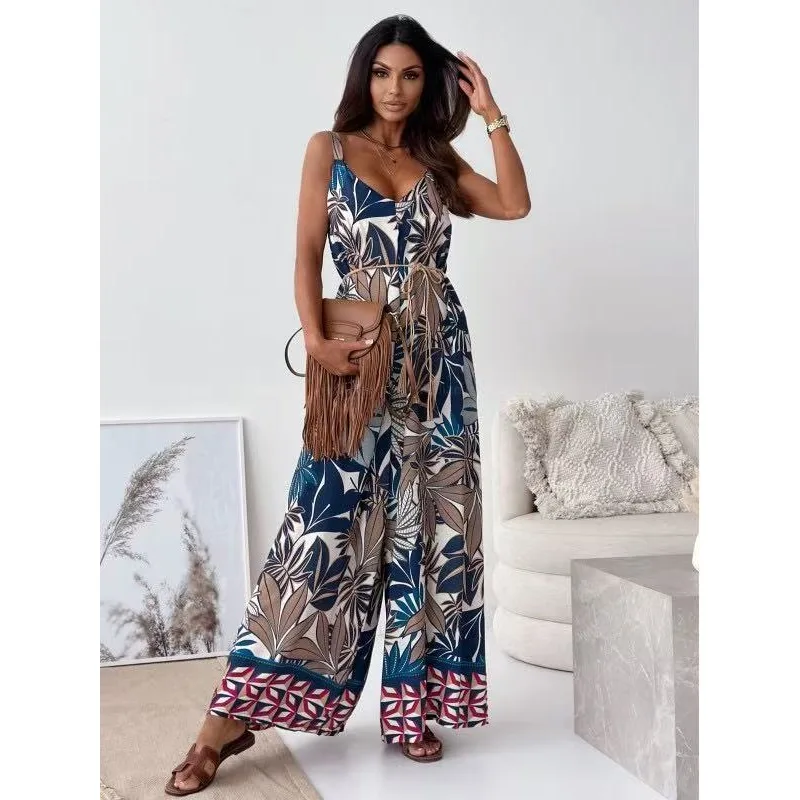 

New Women's Fashion V-Neck Strapless Belted Wide Leg Jumpsuit Ladies Elegant Floral Print New Style Long Jumpsuit