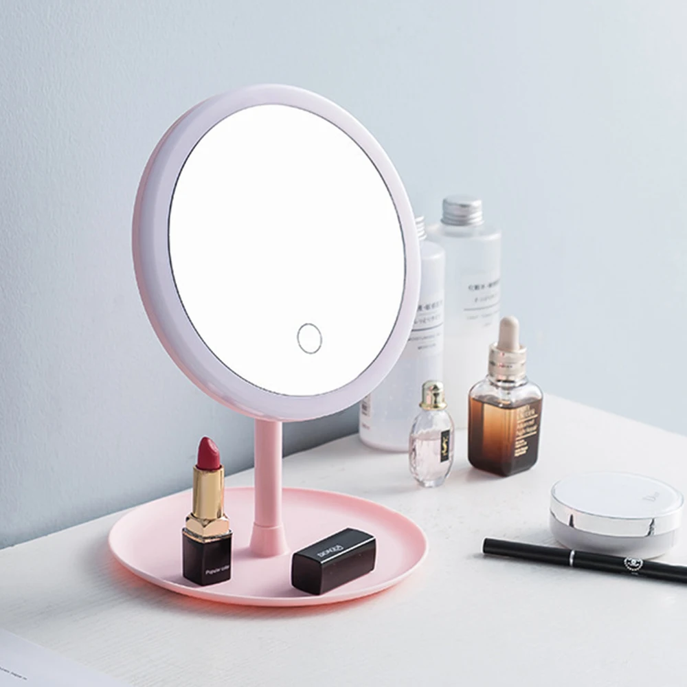 Espejo de maquillaje de belleza LED con lámpara de luz, espejo cosmético de escritorio con pantalla táctil, luz de tocador ajustable con carga USB