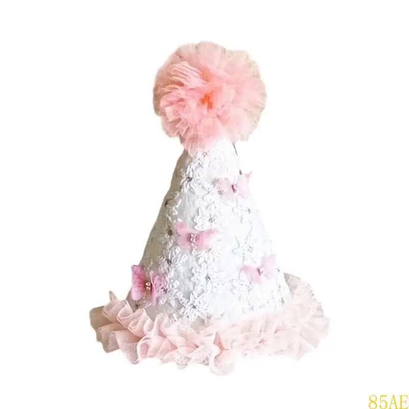 

85AE Sweet Baby Birthday Hat Tulle Mesh Infant Party Hat Feature Floral Lace Trim and Pleated Trim Decorations for Event