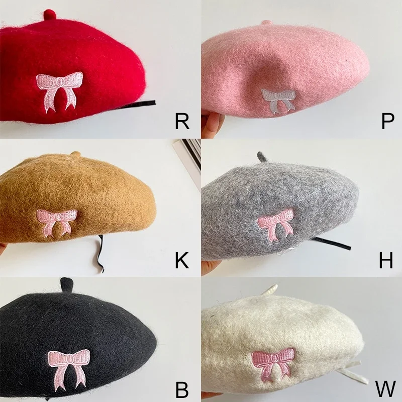 Kid Girls Beret Hats Solid Color Embroidered Bow Wool Beret Caps for Winter Fall Toddlers French Elegant Berets