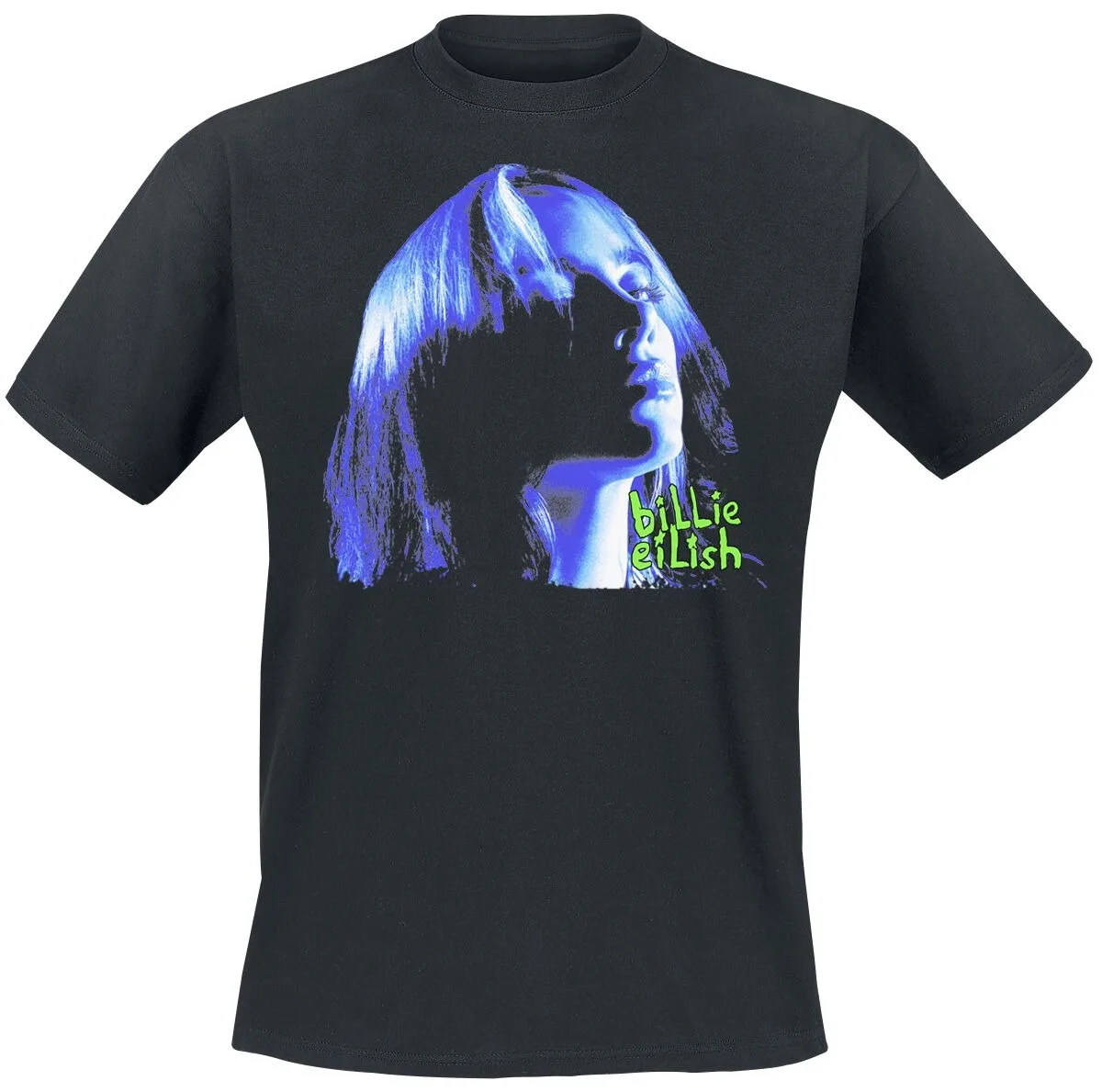 Billie Eilish Blau-Ton Porträt-Print T-Shirt, 100% Baumwolle Lässiges Neutrales T-Shirt, Pop Streetwear