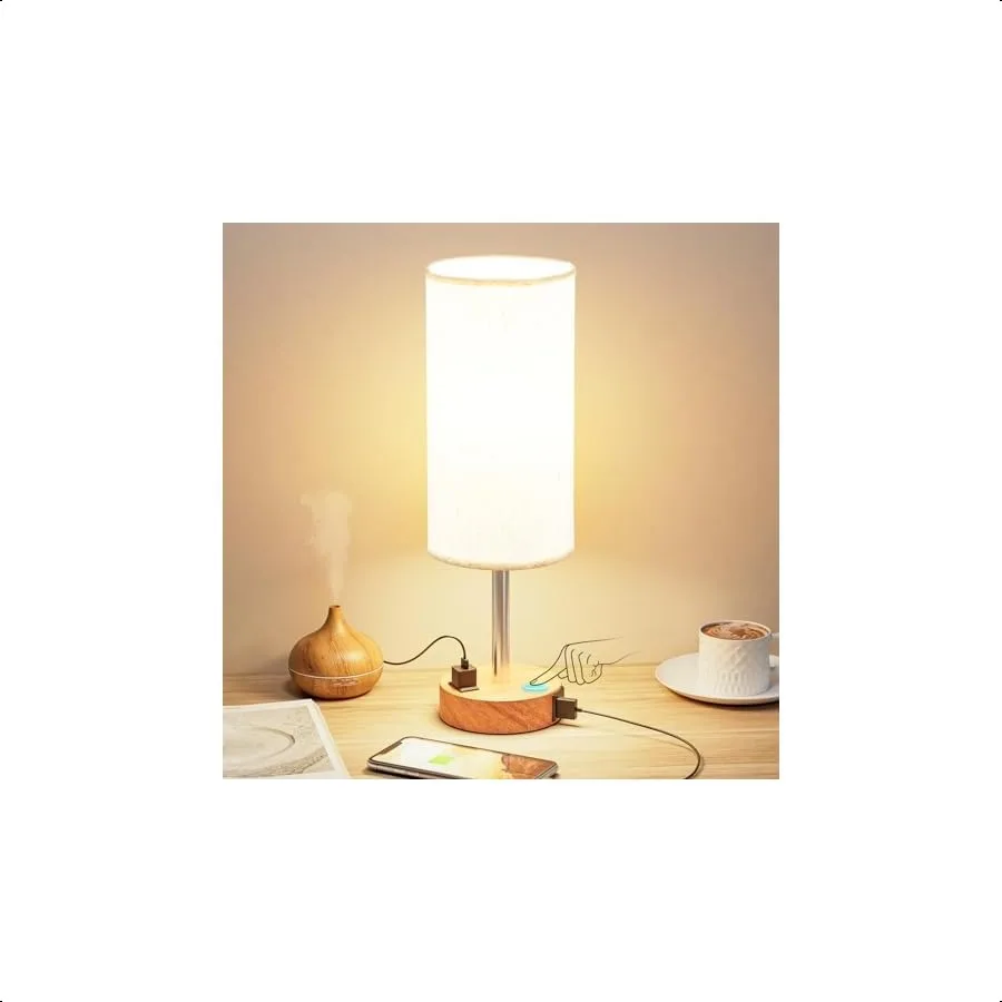 

Bedside Table Lamp for Bedroom 3 Way Dimmable Touch Lamp USB C Charging Ports and AC Outlet Small Lamp Wood Base Round Flaxen F