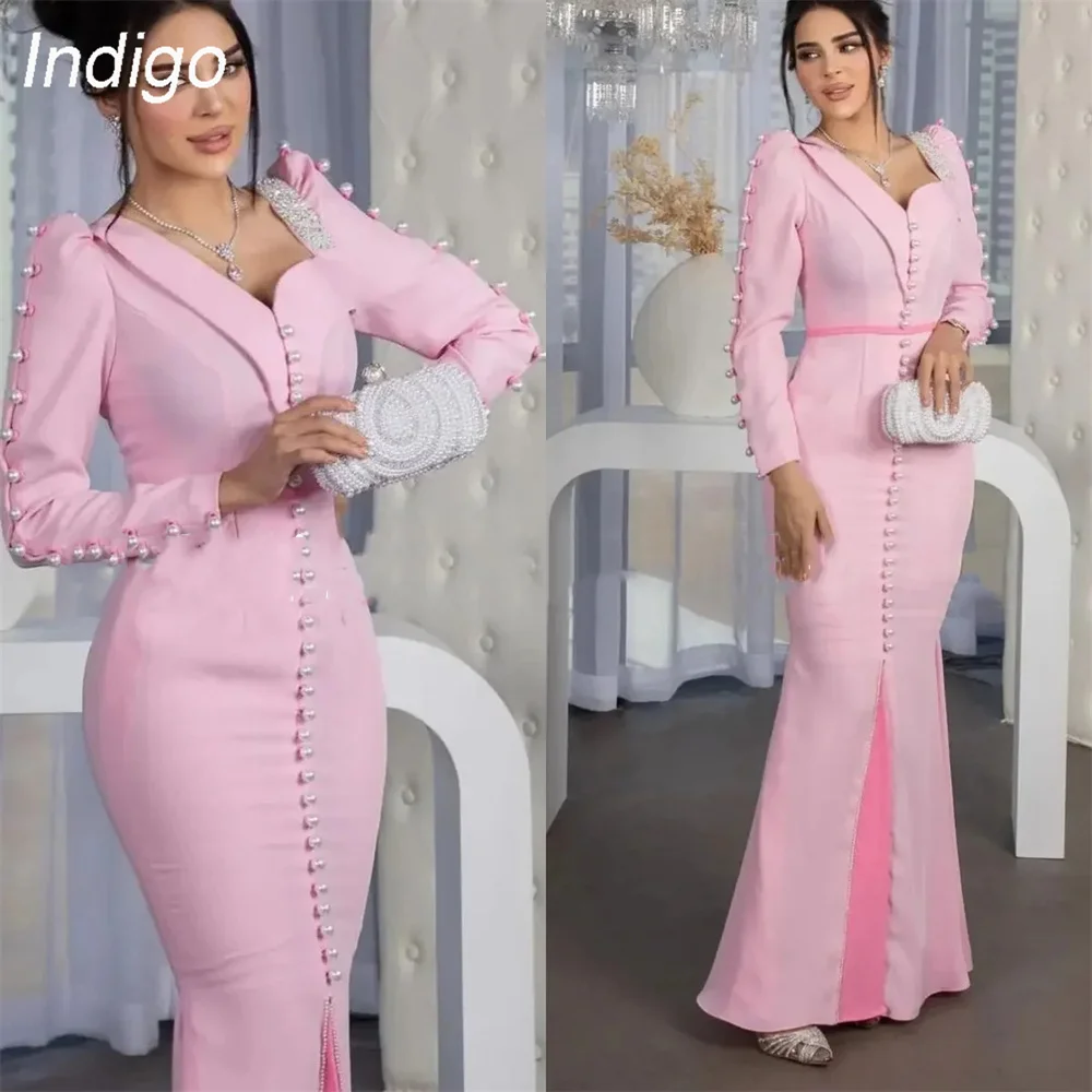 Indigo Prom Vestido Sereia V-Neck Manga Longa Pelears Dividir Cetim Rendas Tornozelo Comprimento Elegante Vestidos de Noite فساتين الس Personalizado