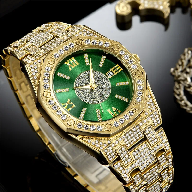 Man Gold Diamond Hip Hop Alloy Band Date Quartz Watches for Men