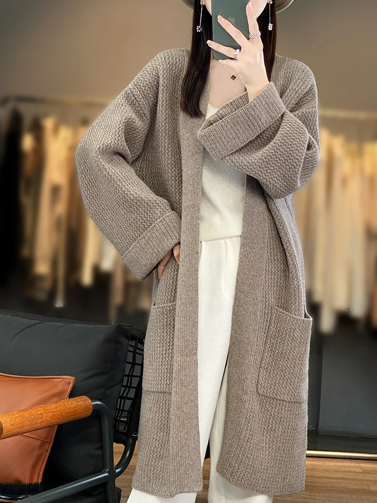 

Autumn Winter 100% Merino Wool Women's Cardigan Long Sleeve Sweater Coat Loose Warm Cashmere Knitwear Fashion Female Long Coat