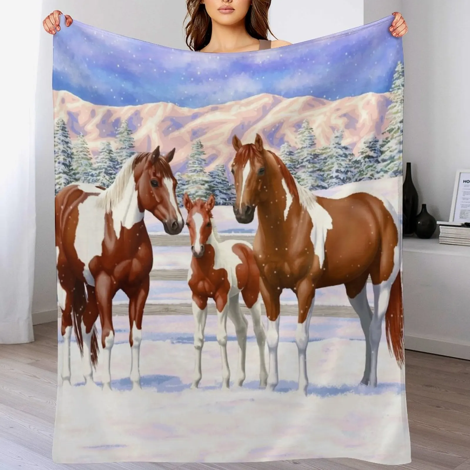 Chestnut Pinto Sorrel Paint Quarter Horses In Snow Throw Blanket Hairys Cute Plaid Plush Blankets