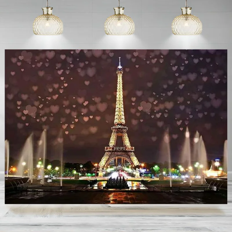 Eiffel Tower fountain Backdrop Paris Landmark Fountain Night Scene Romantic lamplight Background Photographic Banner