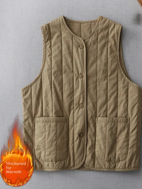 

Women's Casual Cotton Linen Vest Jaet 2025 New Autumn Wear Outerwear Patchwork round Ne Single Button Medium Warmth